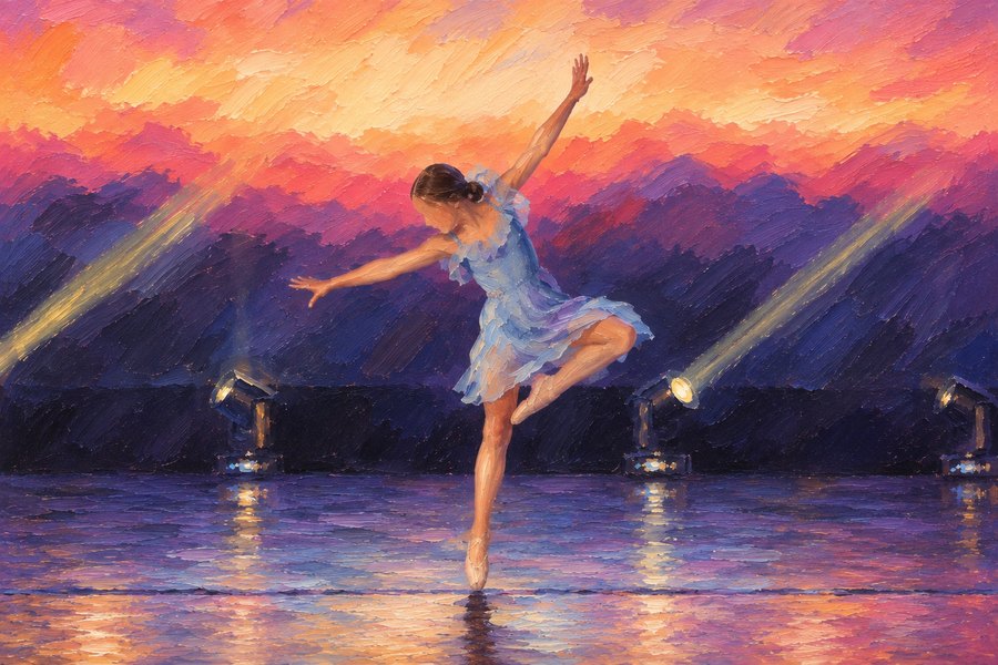A dancer in a lavender dress mid-leap on a purple-lit stage