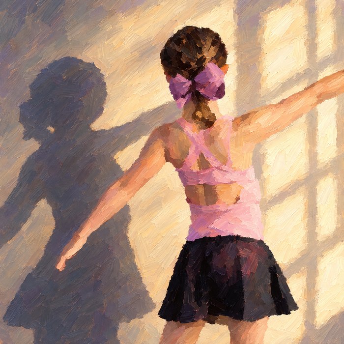 A young dancer in a pink leotard and purple bow, arms outstretched beside her shadow